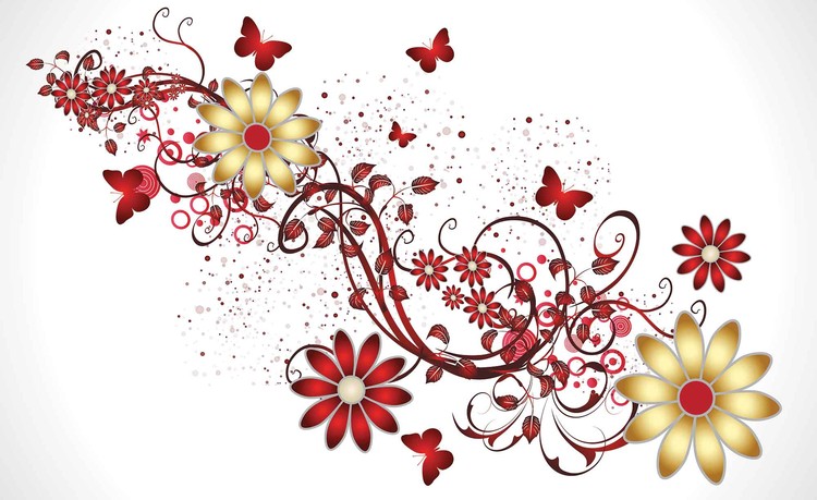 Papel de parede Flowers Butterflies Pattern Red