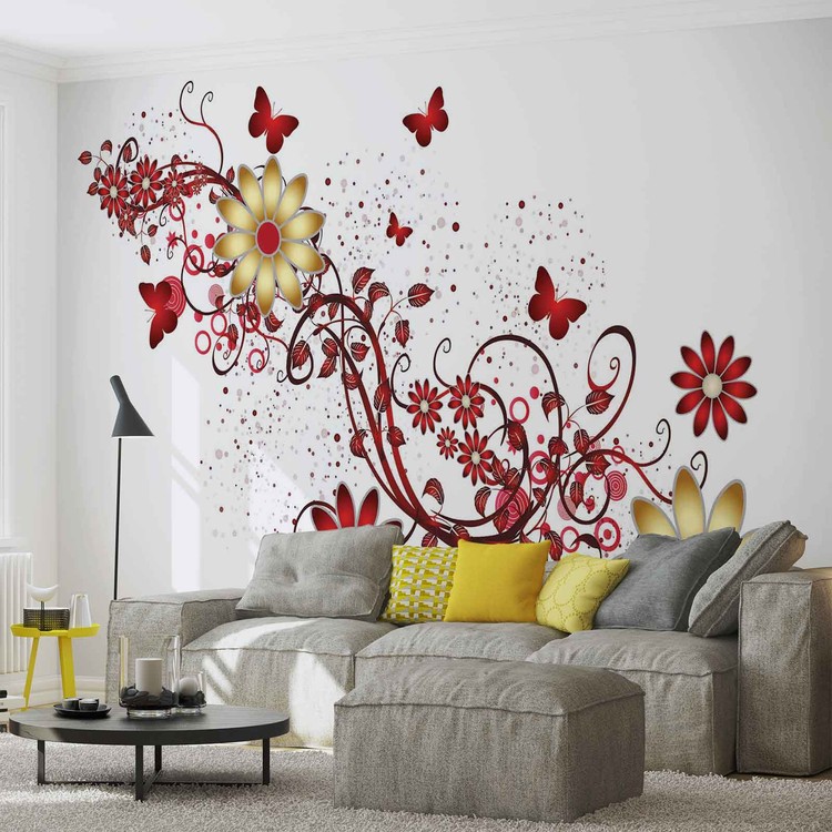 Papel de parede Flowers Butterflies Pattern Red