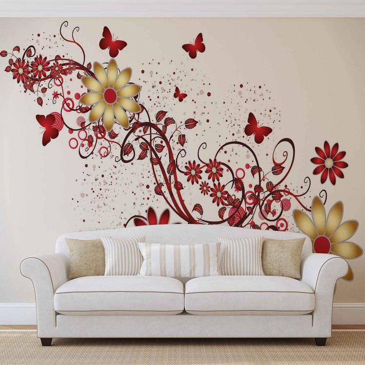 Papel de parede Flowers Butterflies Pattern Red