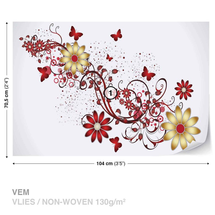 Papel de parede Flowers Butterflies Pattern Red