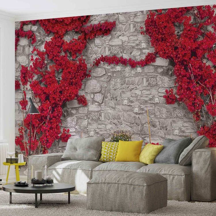 Papel de parede Red Flowers Stone Wall