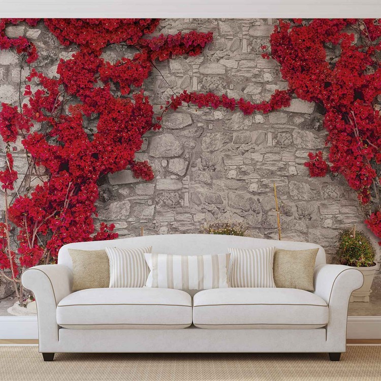 Papel de parede Red Flowers Stone Wall