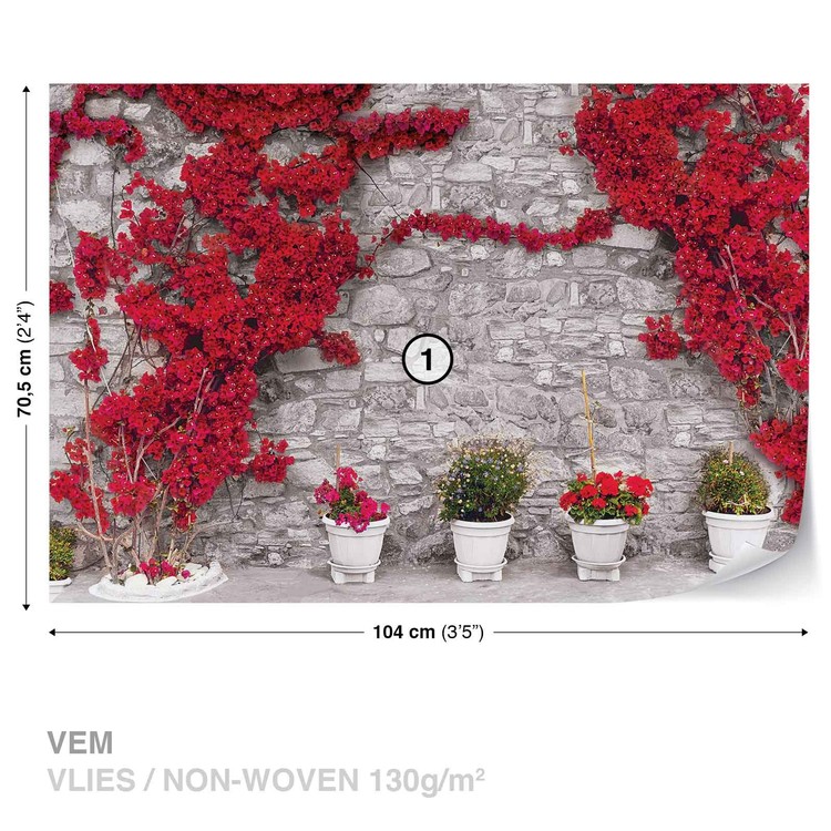 Papel de parede Red Flowers Stone Wall