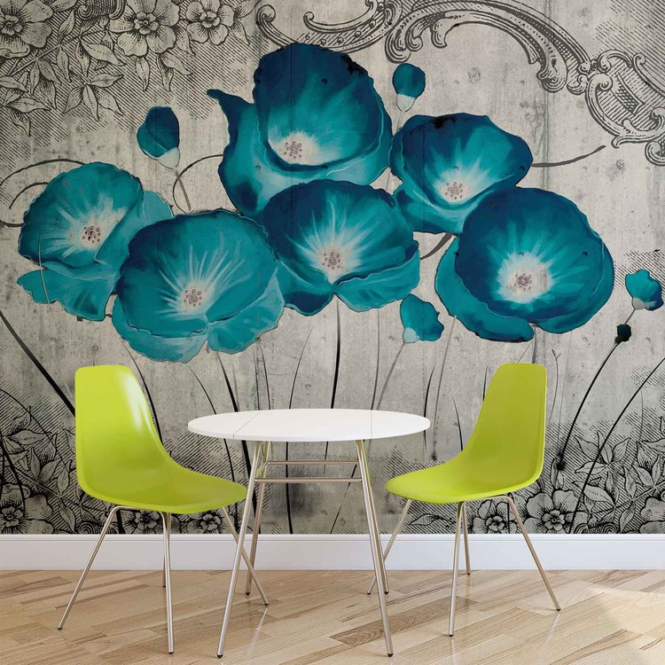 Papel de parede Vintage Flowers Blue Grey