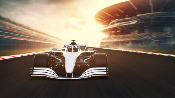 Poster silver race car leading on a race track