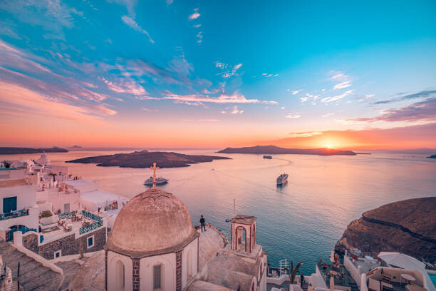 Fototapeta Amazing evening view of Fira, caldera,