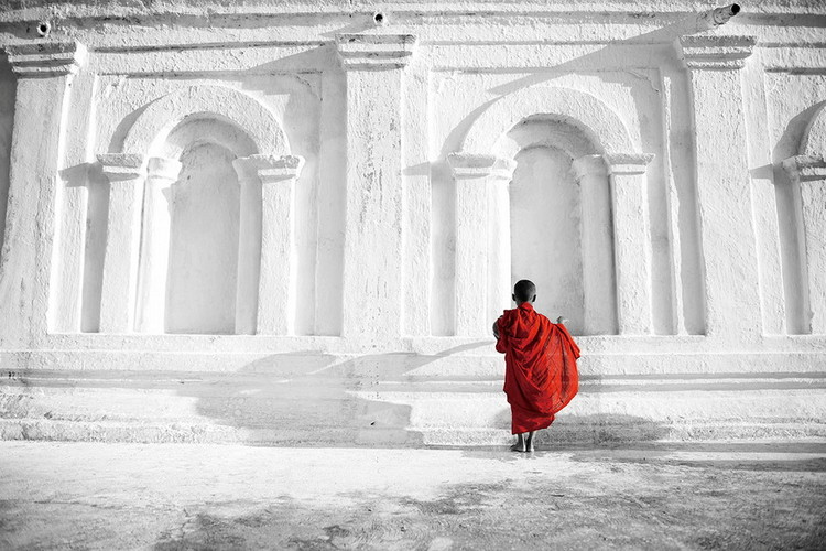 Glass Art Buddhist Boy b&w