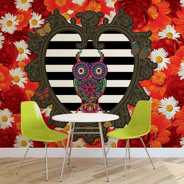 Wallpaper Mural Floral Heart Owl Red