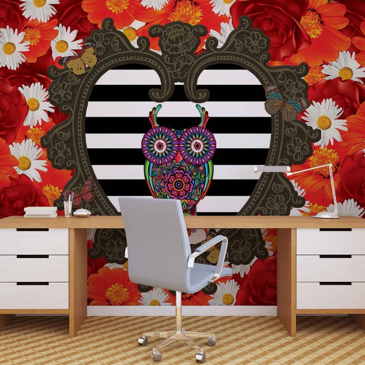 Wallpaper Mural Floral Heart Owl Red