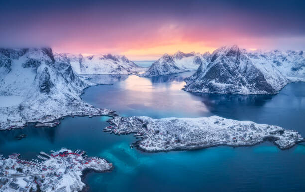 Juliste Aerial view of Reine at sunset