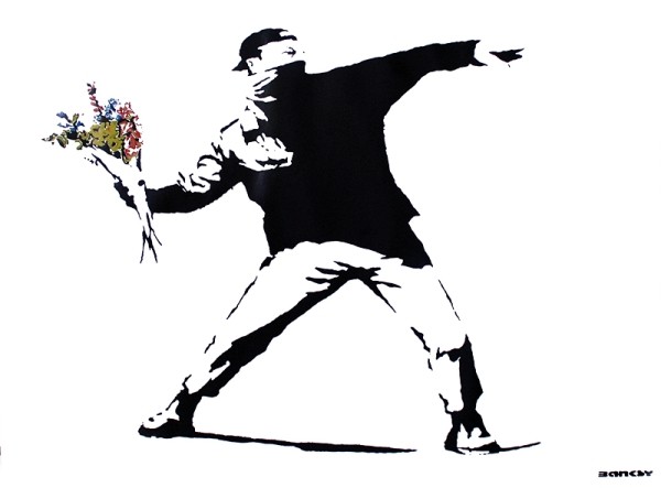 Juliste Banksy street art - graffiti throwing flowers