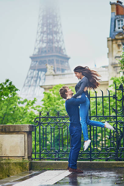 Juliste Happy young couple in front of the Eiffel tower