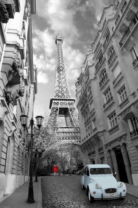 Juliste Pariisi - red girl blue car