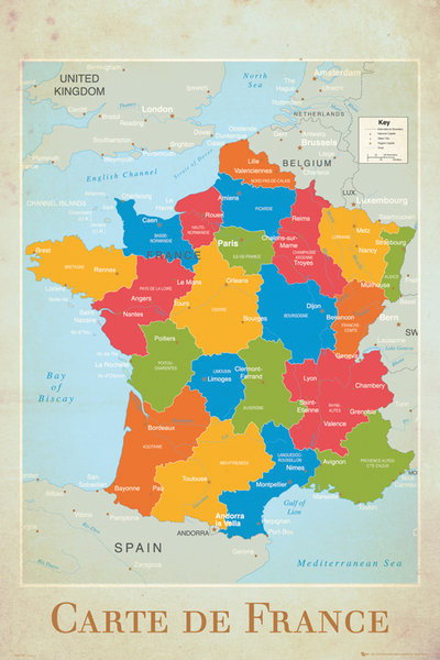 Ranskan poliittinen kartta Juliste, Poster | Tilaa netistä Europosters