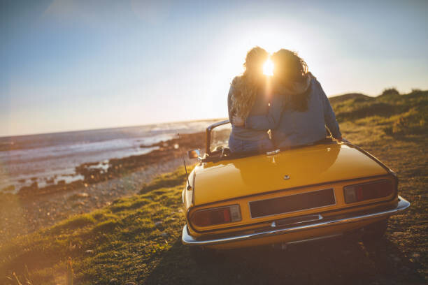 Juliste Women with convertible car relaxing at