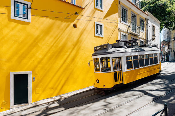 Juliste Yellow tram moving past yellow building