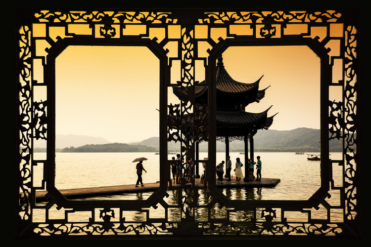 Wallpaper Mural Asian Window - Water Temple at sunset