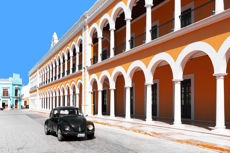 Canvas Print Black VW Beetle and Orange Architecture in Campeche