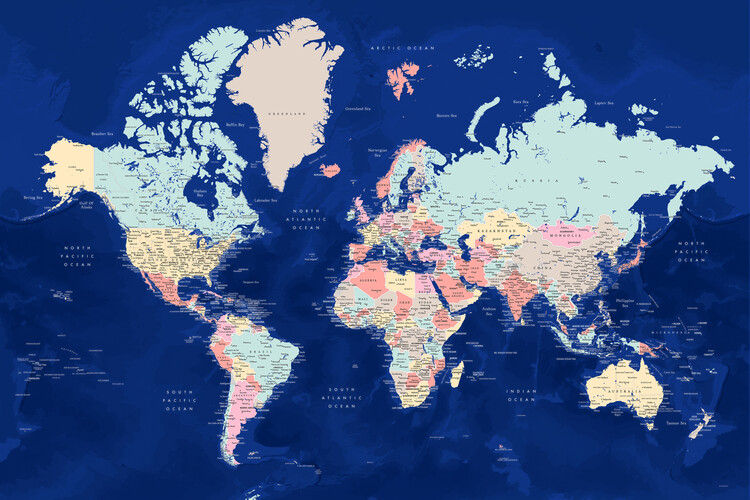 Murais de parede Blue and pastels detailed world map