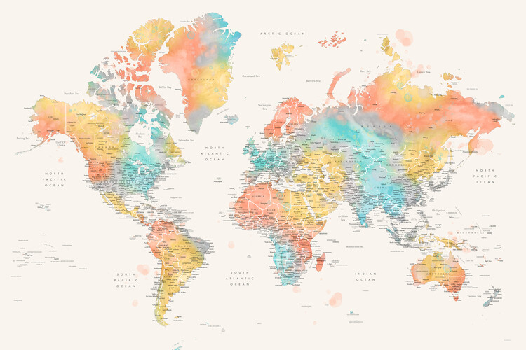 Wallpaper Mural Detailed colorful watercolor world map, Fifi