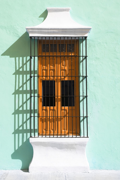 Canvas Print Orange Window and Coral Green Wall in Campeche