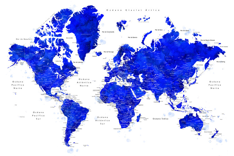 Murais de parede World map with labels in Spanish, cobalt blue watercolor