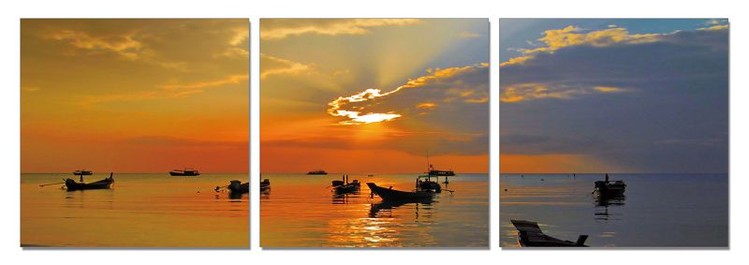 Small boats at sunset Mounted Art Print