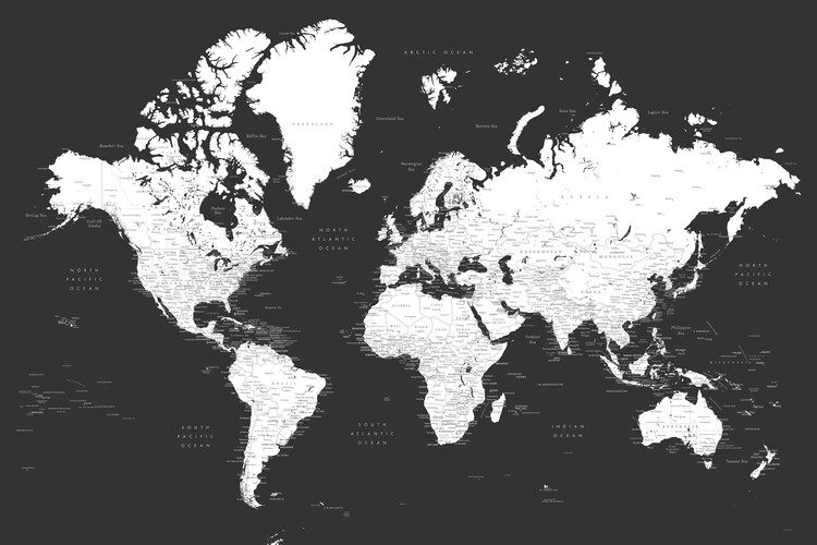 Murais de parede Black and white detailed world map with cities, Milo