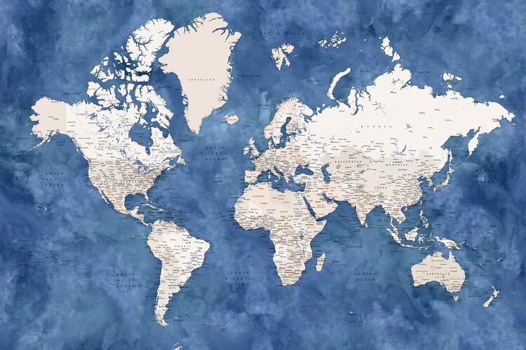 Murais de parede Blue and beige watercolor detailed world map