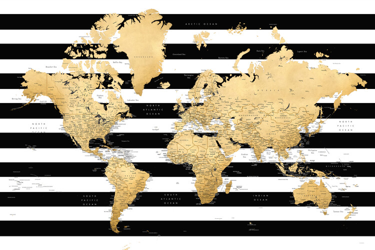 Murais de parede Detailed gold world map with stripes, Harper