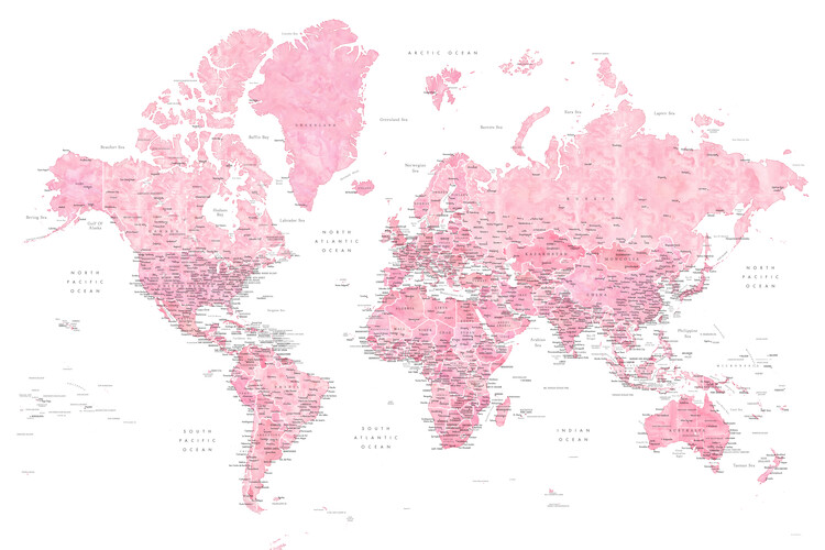 Murais de parede Detailed pink watercolor world map, Damla