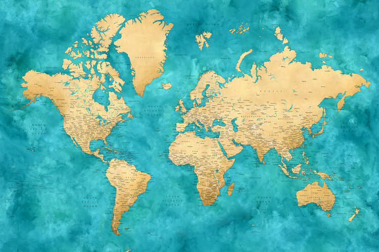 Murais de parede Detailed world map with cities in gold and teal watercolor, Lexy