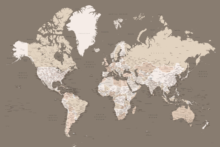 Murais de parede Earth tones detailed world map with cities