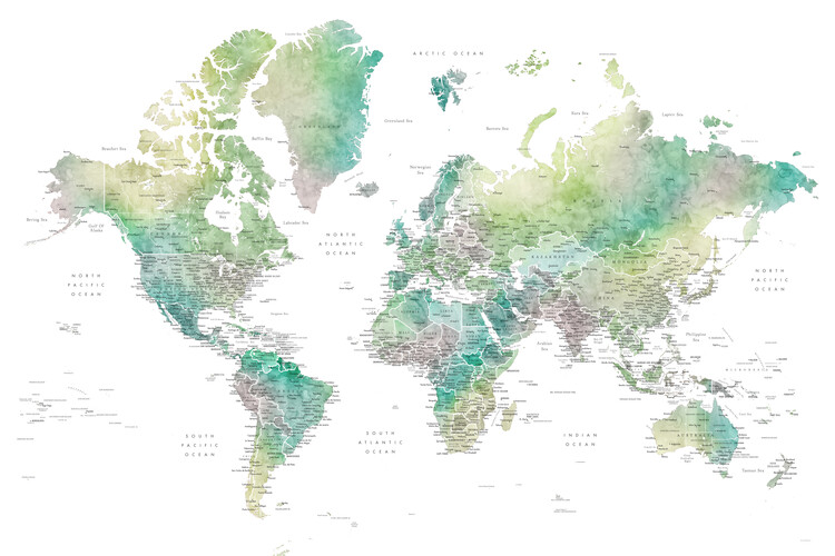 Murais de parede Watercolor world map with cities in muted green, Oriole