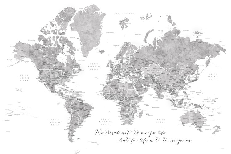 Murais de parede We travel not to escape life, gray world map with cities