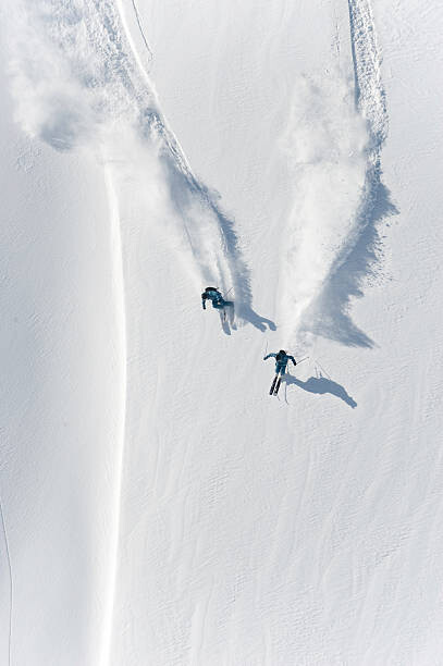 Plakat Aerial view of two skiers skiing