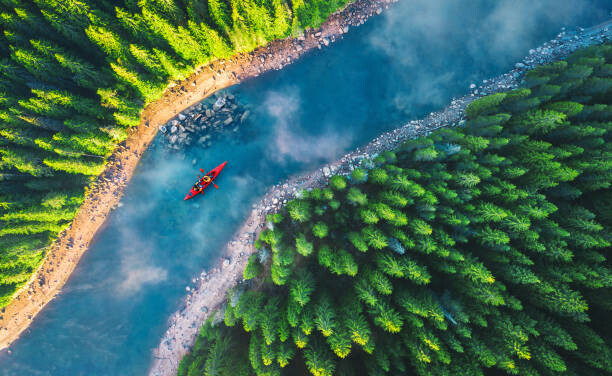 Poster Aerial view of rafting boat or