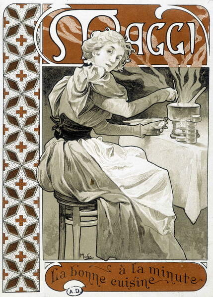Slika na platnu Young woman cooking on a gas stove - advertisement Maggi “” good food by the minute””, by Mucha, circa 1890.