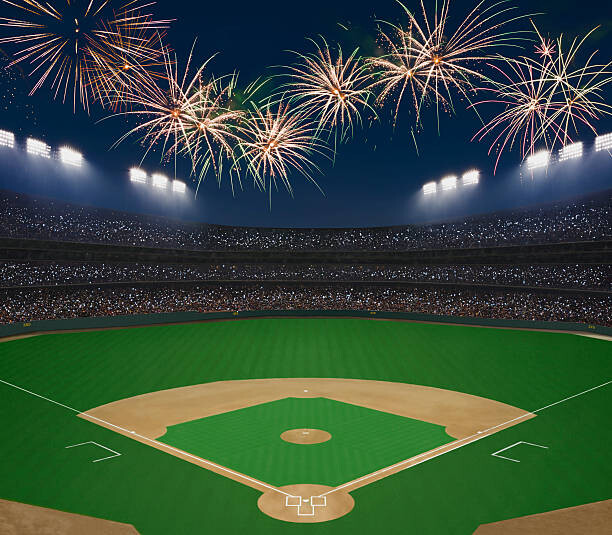 Poster Baseball field and stadium with fireworks in sky.
