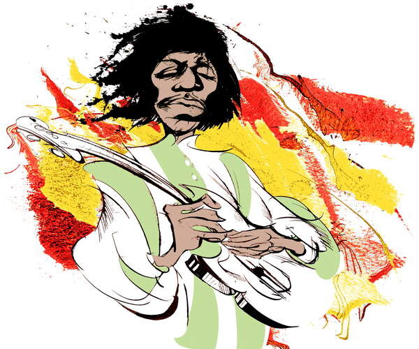 Poster Jimi Hendrix, American guitarist , colour caricature
