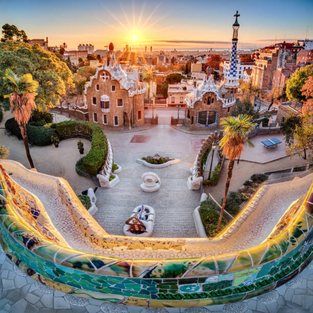 Poster Park Guell at golden hour. Barcelona, Spain