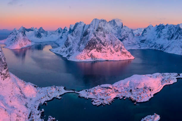 Poster Aerial view of snowy fjord and