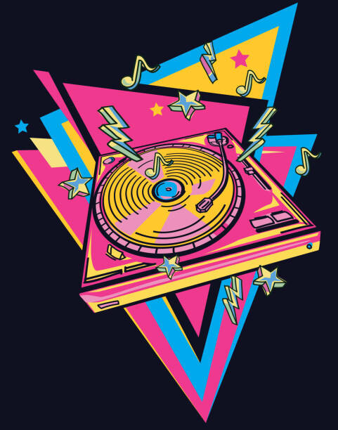 Poster Colorful musical turntable emblem 80s style design