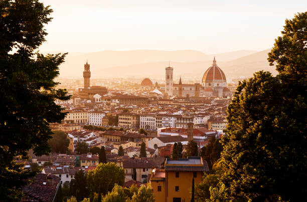 Poster Elevated view over the city of Florence at sunset