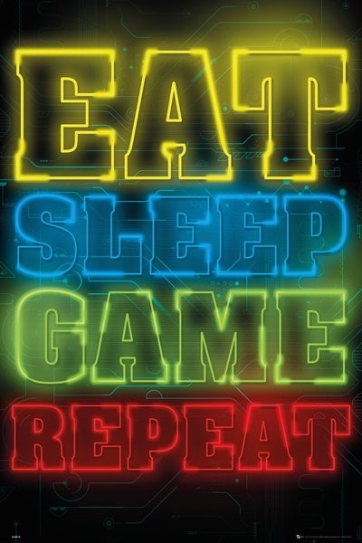 Eat Sleep Game Repeat Neon Colourful Print Kids Poster Gaming