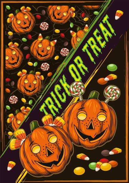 Poster Halloween poster with pumpkin kids, sweets, text, Olga