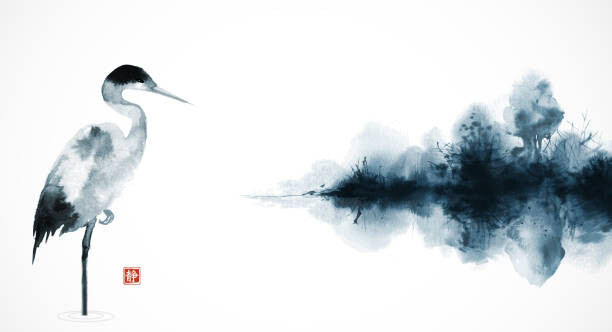Poster Ink wash painting with heron and