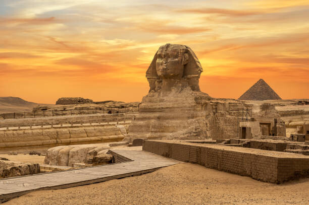 Poster Landscape with Egyptian pyramids, Great Sphinx