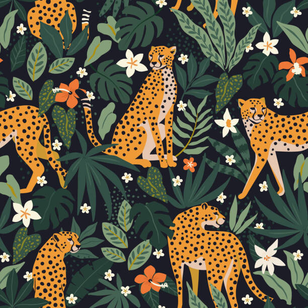 Плакат Leopards, flowers, and tropical leaves on