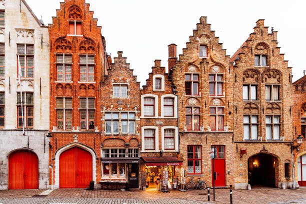 Poster Medieval houses standing in a row, Bruges, Belgium